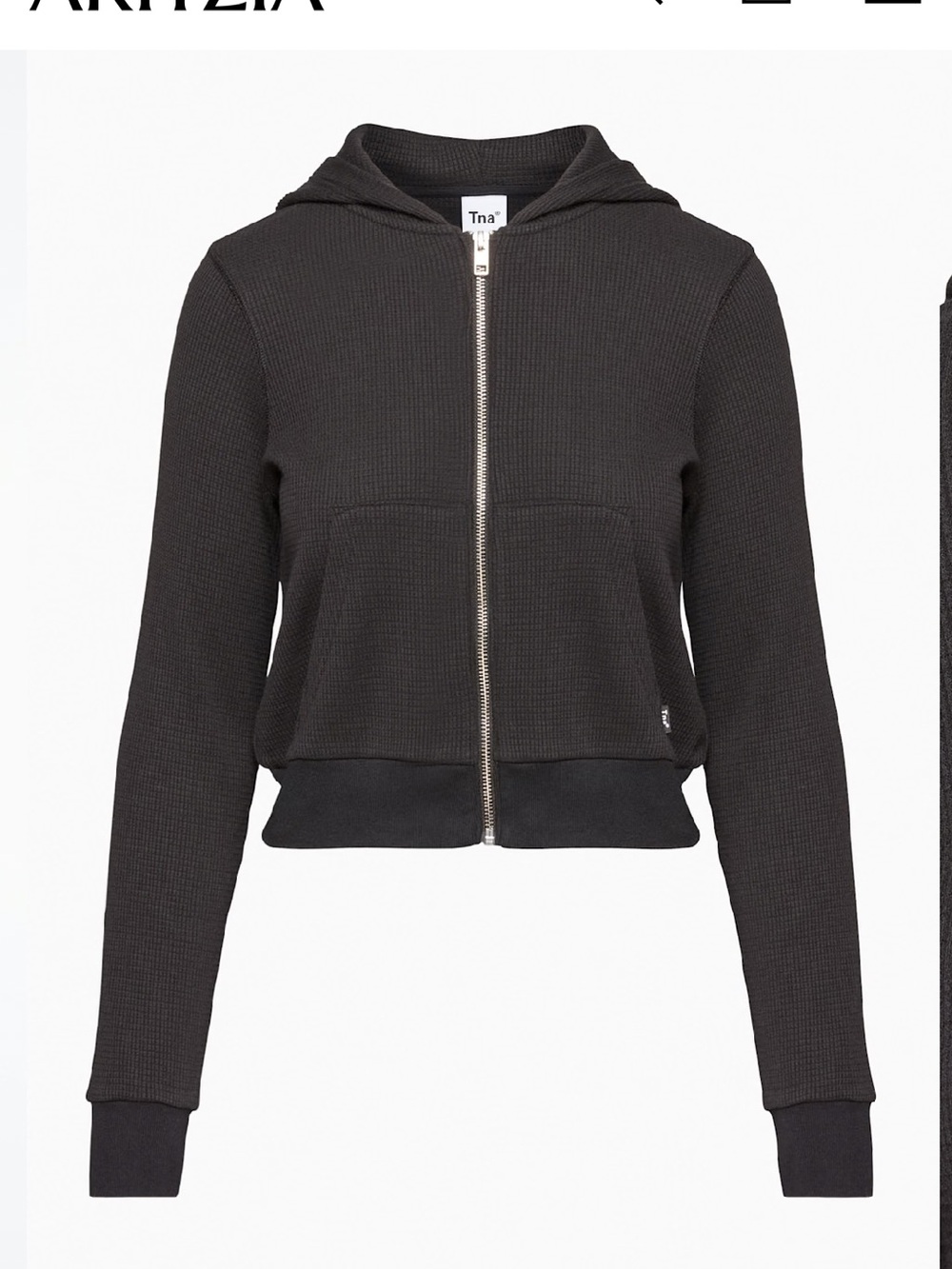 TNA Black Waffle-Knit Hooded Zip Jacket
